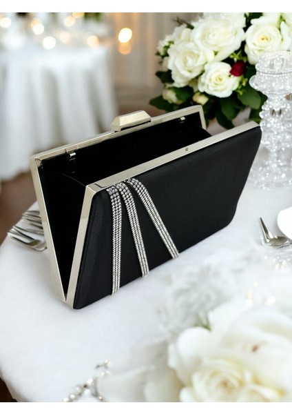 Şık ve Göz Alıcı Siyah Saten Gümüş Taşlı Abiye Çanta Düğün Nişan Mezuniyet modelleri