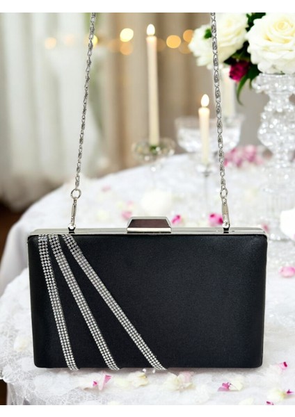 Şık ve Göz Alıcı Siyah Saten Gümüş Taşlı Abiye Çanta Düğün Nişan Mezuniyet fırsatları