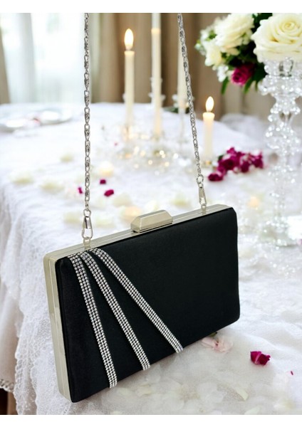 Şık ve Göz Alıcı Siyah Saten Gümüş Taşlı Abiye Çanta Düğün Nişan Mezuniyet indirimleri