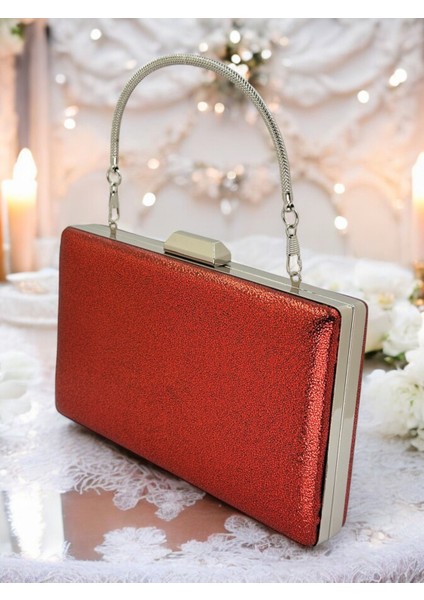 Kırmızı Kristal Desenli Mat Deri Metal Saplı Abiye Çanta Gece Çantası Kına Düğün Nişan Çantası
