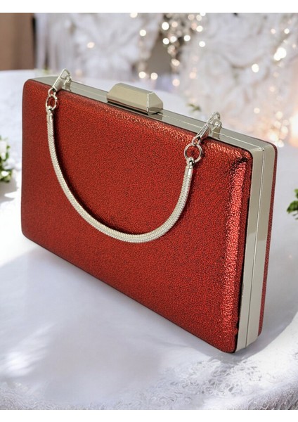 Kırmızı Kristal Desenli Mat Deri Metal Saplı Abiye Çanta Gece Çantası Kına Düğün Nişan Çantası