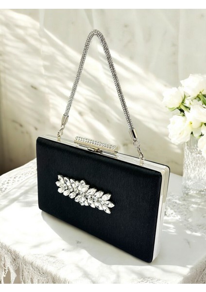 Siyah Taşlı Saplı Renk El Izi Yapmayan Simli Saten Kristal Taşlı Kadın Abiye Çanta Düğün Nişan