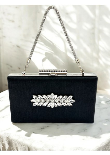 Siyah Taşlı Saplı Renk El Izi Yapmayan Simli Saten Kristal Taşlı Kadın Abiye Çanta Düğün Nişan fiyatları