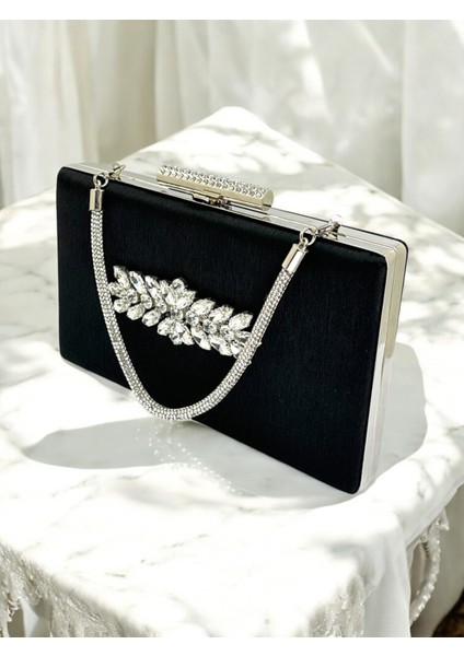 Siyah Taşlı Saplı Renk El Izi Yapmayan Simli Saten Kristal Taşlı Kadın Abiye Çanta Düğün Nişan modelleri