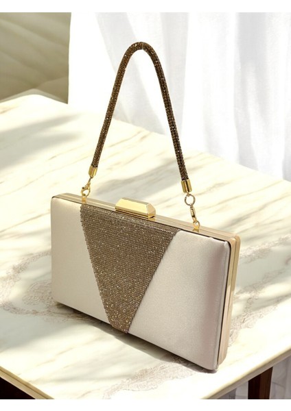 Ten Renk Saten Altın Renk Kristal Taşlı Saplı Kadın Abiye Çanta Düğün Mezuniyet Nişan