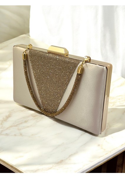 Ten Renk Saten Altın Renk Kristal Taşlı Saplı Kadın Abiye Çanta Düğün Mezuniyet Nişan modelleri