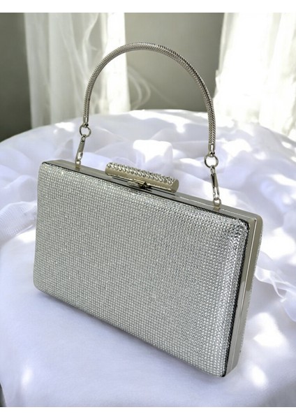 Gümüş Renk Tek Taraf Taşlı Metal Saplı Kadın Abiye Çanta Düğün Nişan Mezuniyet
