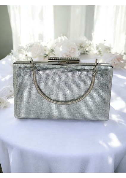 Gümüş Renk Tek Taraf Taşlı Metal Saplı Kadın Abiye Çanta Düğün Nişan Mezuniyet indirimleri