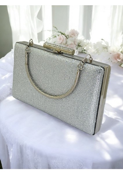 Gümüş Renk Tek Taraf Taşlı Metal Saplı Kadın Abiye Çanta Düğün Nişan Mezuniyet