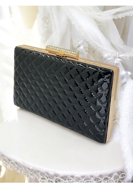 Siyah Lüks Rugan Kapitone Desenli Kadın Abye Çanta Düğün Nişan Mezuniyet