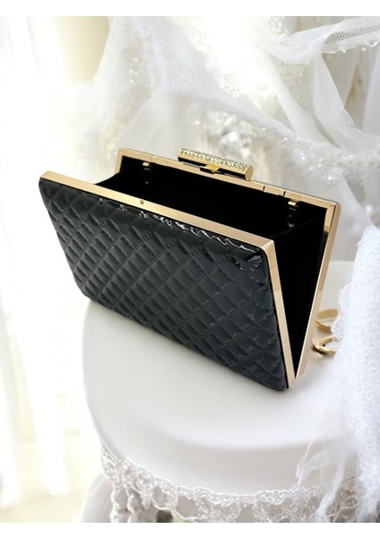 Siyah Lüks Rugan Kapitone Desenli Kadın Abye Çanta Düğün Nişan Mezuniyet modelleri