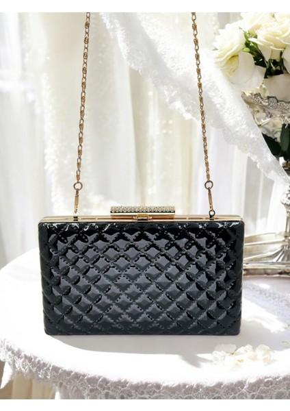 Siyah Lüks Rugan Kapitone Desenli Kadın Abye Çanta Düğün Nişan Mezuniyet fırsatları