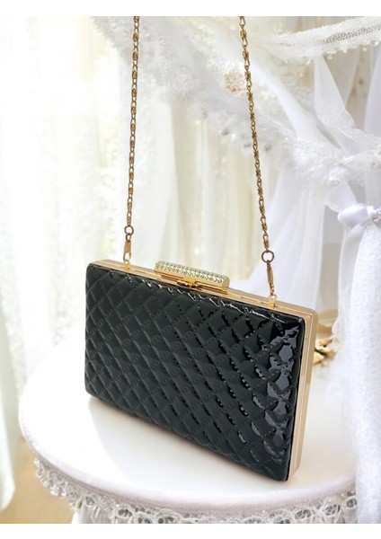 Siyah Lüks Rugan Kapitone Desenli Kadın Abye Çanta Düğün Nişan Mezuniyet indirimleri