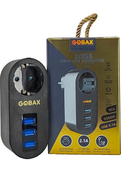 Gobax Termal Akım Korumalı Akıllı Priz 3xusb Li, Çocuk Korumalı, LED Işıklı, Yüksek Isıya Dayanıklı (5047)