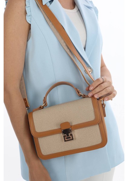 ,kilit Detaylı, Hasır Nakışlı,günlük ,şık, camel bayan Çapraz Çantası