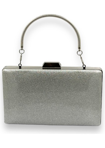 Gümüş Kumsim Üzeri Silikon Kaplamalı Saplı Kulplu Ithal Abiye Çanta Gece Çantası Düğün Nişan Kına