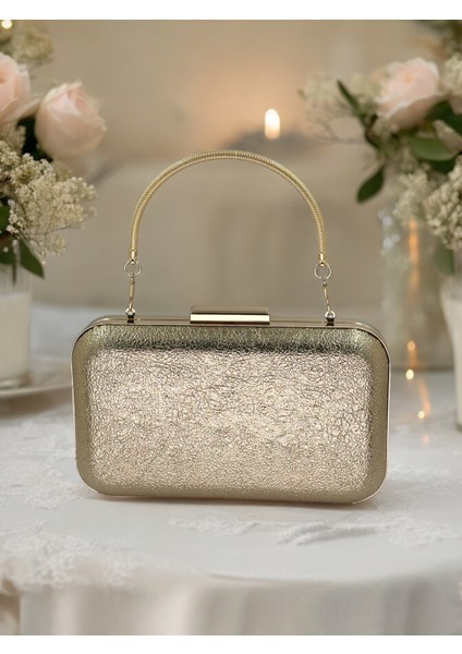 Gold Dore Renk Kristal Desenli Abiye Çanta Gece Çantası Düğün Nişan Portföy