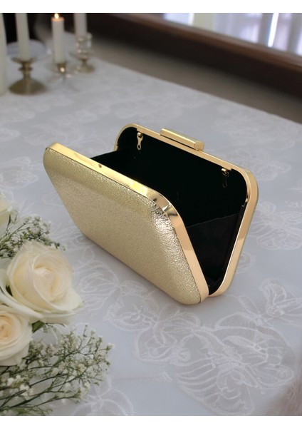 Gold Dore Renk Kristal Desenli Abiye Çanta Gece Çantası Düğün Nişan Portföy