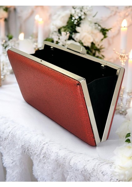 Kırmızı Kristal Desenli Mat Deri Metal Saplı Abiye Çanta Gece Çantası Kına Düğün Nişan Çantası