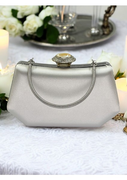 Gümüş Gri Lame Renk Gümüş Kristal Taşlı Zarif Tasarım Metal Saplı Abiye Çantası fiyatları