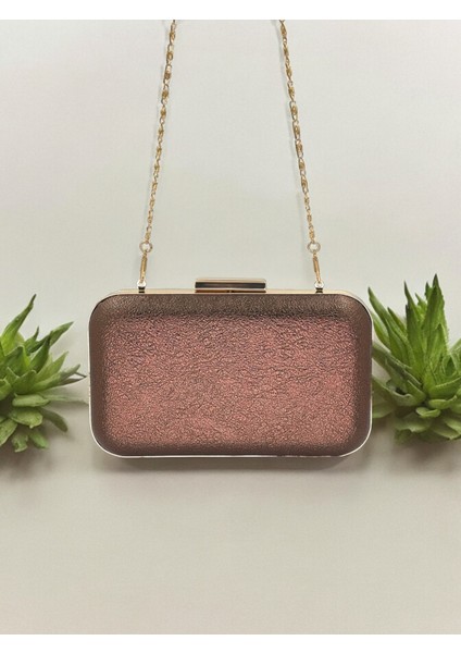 Bakır Renk Kristal Desenli Abiye Çanta Gece Çantası Düğün Nişan Portföy