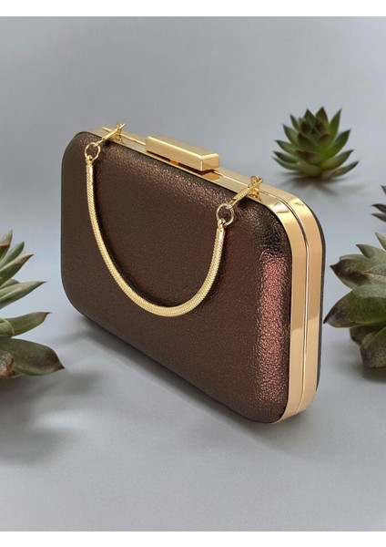 Bakır Renk Kristal Desenli Abiye Çanta Gece Çantası Düğün Nişan Portföy