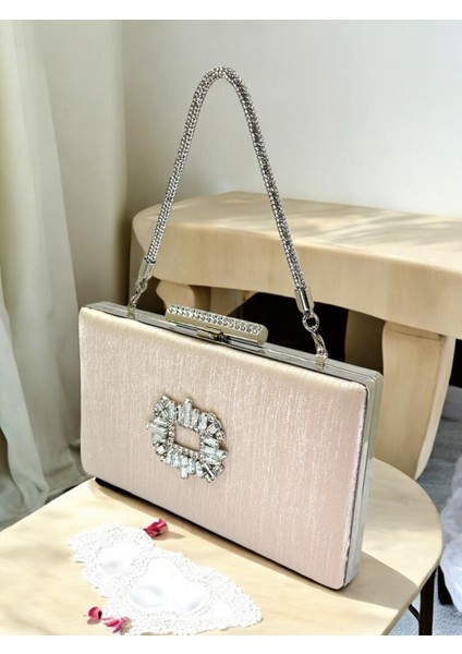 Ten Nude Taşlı Saplı Renk El Izi Yapmayan Simli Saten Kristal Taşlı Kadın Abiye Çanta Düğün Nişan