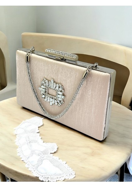 Ten Nude Taşlı Saplı Renk El Izi Yapmayan Simli Saten Kristal Taşlı Kadın Abiye Çanta Düğün Nişan modelleri