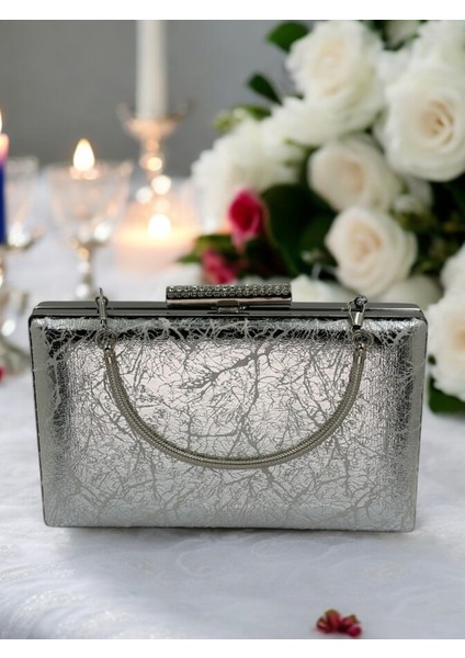 Gümüş Gri Lame Renk Detaylı Orta Boy Abiye Çanta