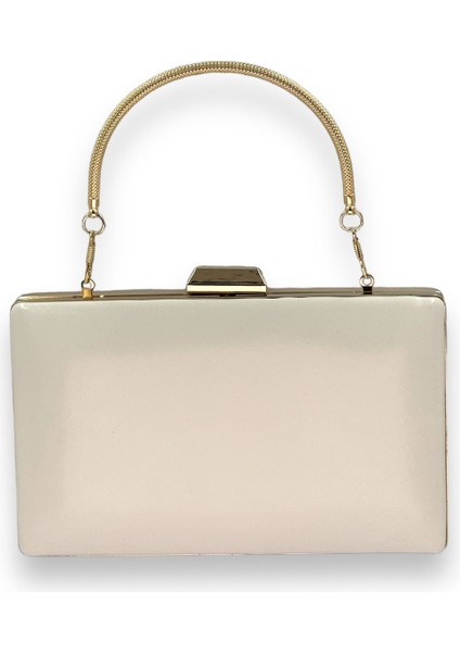 Bej Renk Cilt Deri Mat Deri Metal Saplı Abiye Çanta Gece Çantası Düğün Nişan Kına