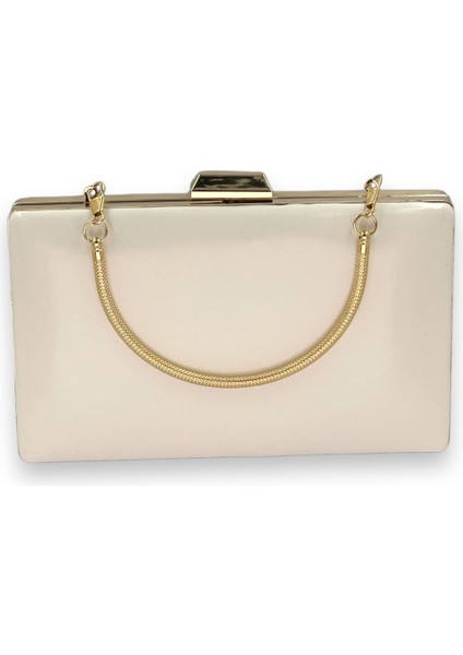 Bej Renk Cilt Deri Mat Deri Metal Saplı Abiye Çanta Gece Çantası Düğün Nişan Kına