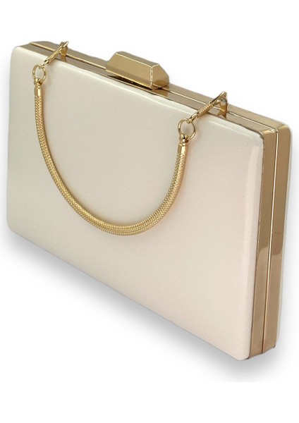 Bej Renk Cilt Deri Mat Deri Metal Saplı Abiye Çanta Gece Çantası Düğün Nişan Kına