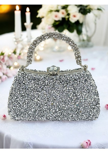 Özel Tasarım Iri Kristal Taşlı Gümüş Renk Kadın Abiye Çanta Düğün Nişan Mezuniyet fiyatları