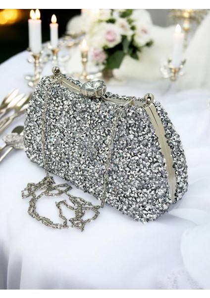 Özel Tasarım Iri Kristal Taşlı Gümüş Renk Kadın Abiye Çanta Düğün Nişan Mezuniyet