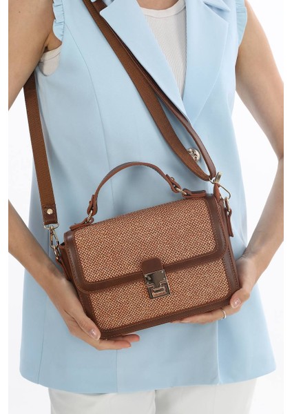 ,kilit Detaylı, Hasır Nakışlı,günlük ,şık, taba bayan Çapraz Çantası