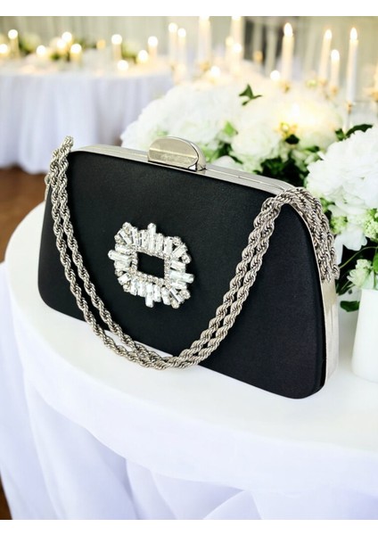 Özel Tasarım Siyah Renk Saten Zincir Saplı Gümüş Kristal Taşlı Saplı Kulplu Kadın Abiye Çanta