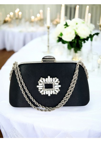 Özel Tasarım Siyah Renk Saten Zincir Saplı Gümüş Kristal Taşlı Saplı Kulplu Kadın Abiye Çanta fiyatları