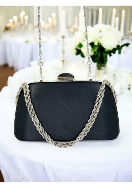 Özel Tasarım Siyah Renk Saten Zincir Saplı Gümüş Kristal Taşlı Saplı Kulplu Kadın Abiye Çanta fırsatları