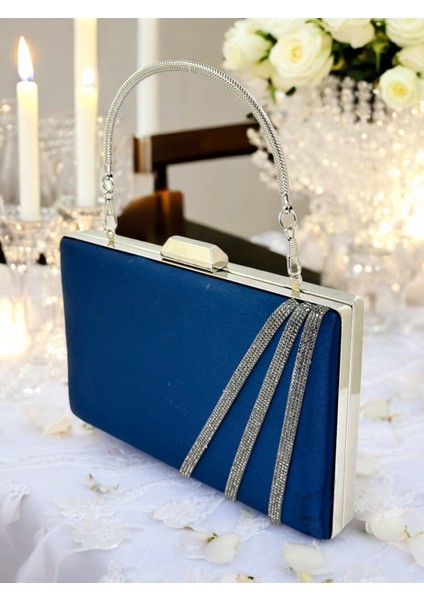 Lacivert Renk Saten Çapraz Kristal Platin Taşlı Kadın Abiye Çanta Düğün Nişan Mezuniyet