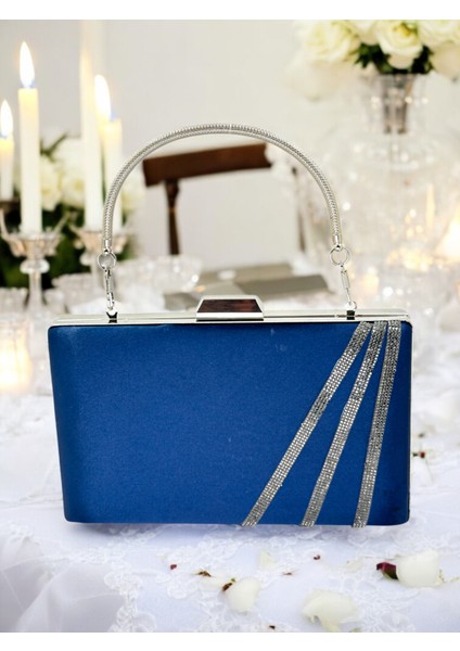Lacivert Renk Saten Çapraz Kristal Platin Taşlı Kadın Abiye Çanta Düğün Nişan Mezuniyet fiyatları