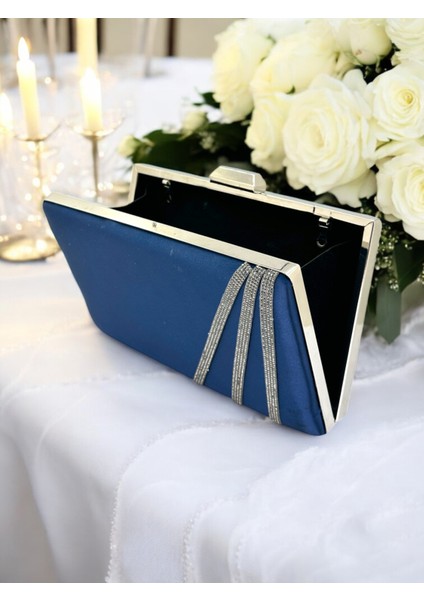 Lacivert Renk Saten Çapraz Kristal Platin Taşlı Kadın Abiye Çanta Düğün Nişan Mezuniyet modelleri