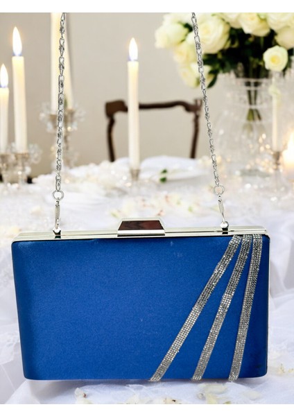 Lacivert Renk Saten Çapraz Kristal Platin Taşlı Kadın Abiye Çanta Düğün Nişan Mezuniyet fırsatları