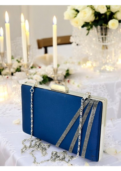 Lacivert Renk Saten Çapraz Kristal Platin Taşlı Kadın Abiye Çanta Düğün Nişan Mezuniyet