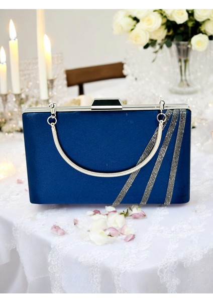 Lacivert Renk Saten Çapraz Kristal Platin Taşlı Kadın Abiye Çanta Düğün Nişan Mezuniyet