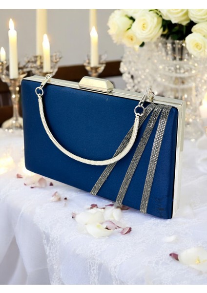 Lacivert Renk Saten Çapraz Kristal Platin Taşlı Kadın Abiye Çanta Düğün Nişan Mezuniyet
