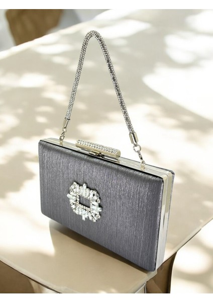 Antrasit Gri Platin Taşlı Saplı Renk El Izi Yapmayan Çizgili Saten Kristal Taşlı Kadın Abiye Çanta