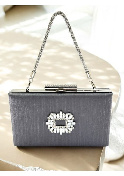 Antrasit Gri Platin Taşlı Saplı Renk El Izi Yapmayan Çizgili Saten Kristal Taşlı Kadın Abiye Çanta fiyatları
