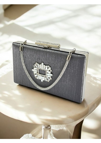 Antrasit Gri Platin Taşlı Saplı Renk El Izi Yapmayan Çizgili Saten Kristal Taşlı Kadın Abiye Çanta modelleri