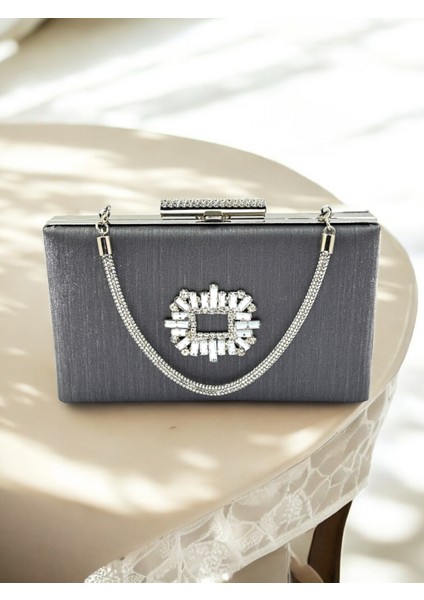 Antrasit Gri Platin Taşlı Saplı Renk El Izi Yapmayan Çizgili Saten Kristal Taşlı Kadın Abiye Çanta fırsatları