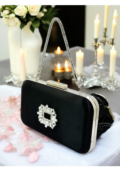 Siyah Renk Saten Taşlı Saplı Kadın Abiye Çanta Düğün Nişan Mezuniyet